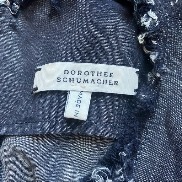 Dorothee Schumacher Denim Blue Linen/Cotton Raw Hem Patchwork Midi Dress size 3 - Picture 10 of 11